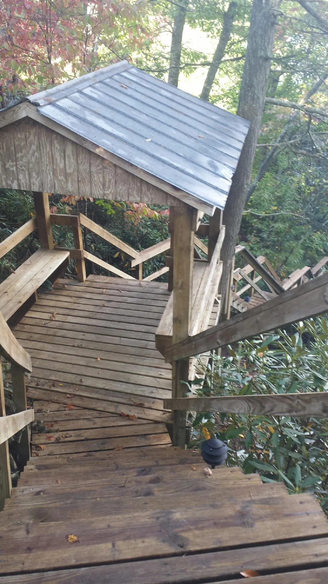 Metal roofed shelter over wooden steps on a wooded walkway — Skylight Repair & Installation work by our crew in Rhinelander